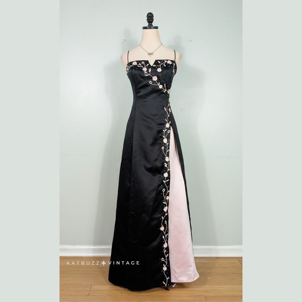 Vintage Livas Prom Dress Maxi Gown M Black Pink Floral Goth Princess 90s Y2K